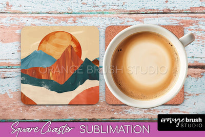 Boho Square Coaster Sublimation - Minimalist Landscape PNG Sublimation OrangeBrushStudio 