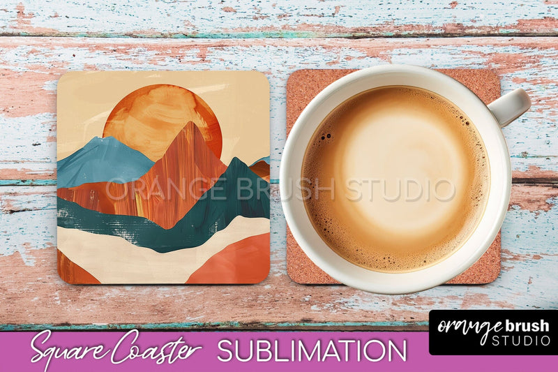 Boho Square Coaster Sublimation - Minimalist Landscape PNG Sublimation OrangeBrushStudio 