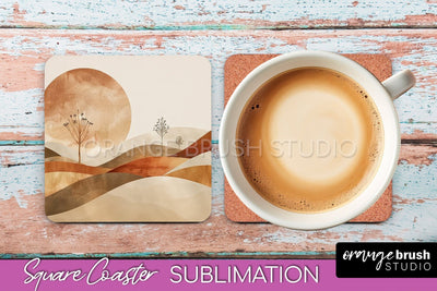 Boho Square Coaster Sublimation - Minimalist Landscape PNG Sublimation OrangeBrushStudio 