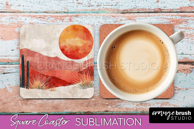 Boho Square Coaster Sublimation - Minimalist Landscape PNG Sublimation OrangeBrushStudio 