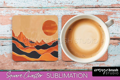 Boho Square Coaster Sublimation - Minimalist Landscape PNG Sublimation OrangeBrushStudio 