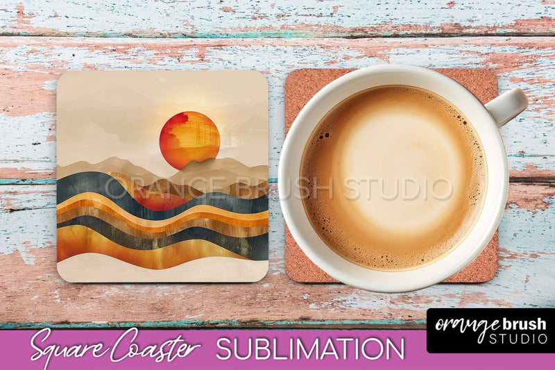 Boho Square Coaster Sublimation - Minimalist Landscape PNG Sublimation OrangeBrushStudio 