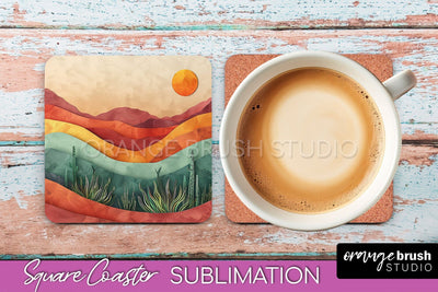 Boho Square Coaster Sublimation - Minimalist Landscape PNG Sublimation OrangeBrushStudio 