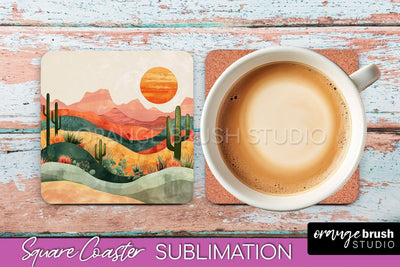 Boho Square Coaster Sublimation - Minimalist Landscape PNG Sublimation OrangeBrushStudio 