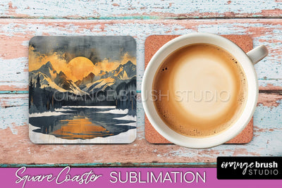 Boho Square Coaster Sublimation - Minimalist Landscape PNG Sublimation OrangeBrushStudio 