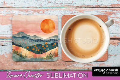 Boho Square Coaster Sublimation - Minimalist Landscape PNG Sublimation OrangeBrushStudio 