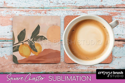 Boho Square Coaster Sublimation - Minimalist Landscape PNG Sublimation OrangeBrushStudio 