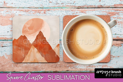 Boho Square Coaster Sublimation - Minimalist Landscape PNG Sublimation OrangeBrushStudio 