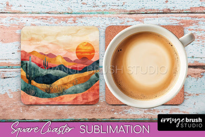 Boho Square Coaster Sublimation - Minimalist Landscape PNG Sublimation OrangeBrushStudio 