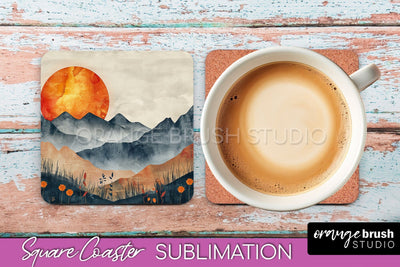 Boho Square Coaster Sublimation - Minimalist Landscape PNG Sublimation OrangeBrushStudio 