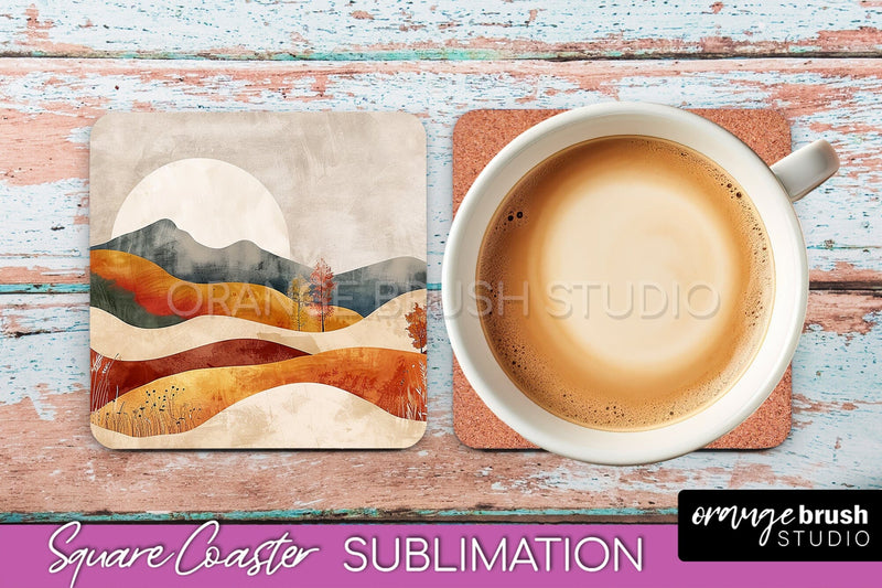 Boho Square Coaster Sublimation - Minimalist Landscape PNG Sublimation OrangeBrushStudio 