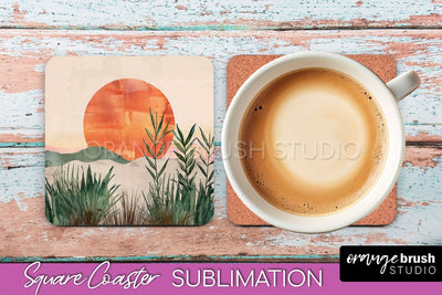 Boho Square Coaster Sublimation - Minimalist Landscape PNG Sublimation OrangeBrushStudio 