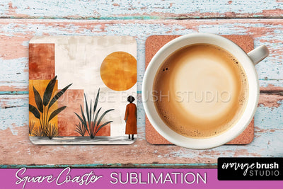 Boho Square Coaster Sublimation - Minimalist Landscape PNG Sublimation OrangeBrushStudio 