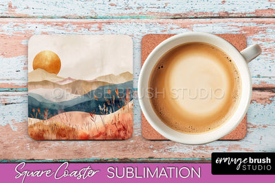 Boho Square Coaster Sublimation - Minimalist Landscape PNG Sublimation OrangeBrushStudio 