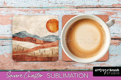 Boho Square Coaster Sublimation - Minimalist Landscape PNG Sublimation OrangeBrushStudio 