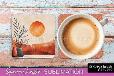 Boho Square Coaster Sublimation - Minimalist Landscape PNG Sublimation OrangeBrushStudio 