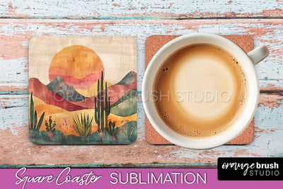 Boho Square Coaster Sublimation - Minimalist Landscape PNG Sublimation OrangeBrushStudio 
