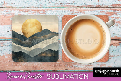 Boho Square Coaster Sublimation - Minimalist Landscape PNG Sublimation OrangeBrushStudio 