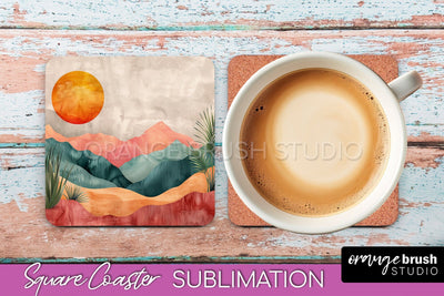 Boho Square Coaster Sublimation - Minimalist Landscape PNG Sublimation OrangeBrushStudio 