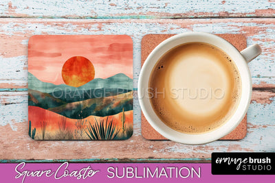 Boho Square Coaster Sublimation - Minimalist Landscape PNG Sublimation OrangeBrushStudio 