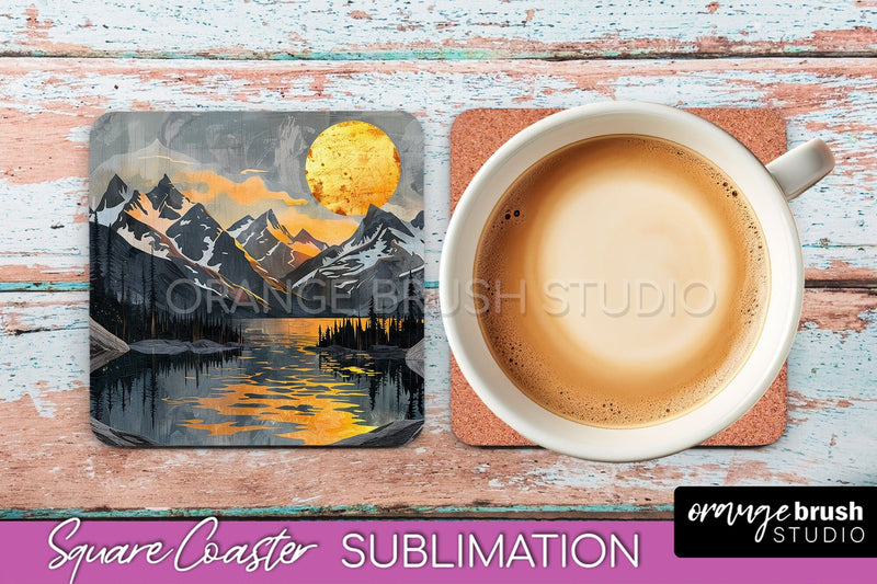 Boho Square Coaster Sublimation - Minimalist Landscape PNG Sublimation OrangeBrushStudio 