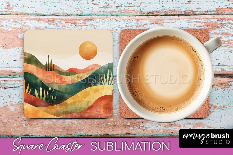 Boho Square Coaster Sublimation - Minimalist Landscape PNG Sublimation OrangeBrushStudio 