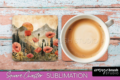 Boho Square Coaster Sublimation - Minimalist Landscape PNG Sublimation OrangeBrushStudio 