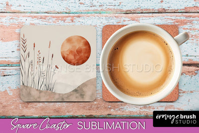 Boho Square Coaster Sublimation - Minimalist Landscape PNG Sublimation OrangeBrushStudio 