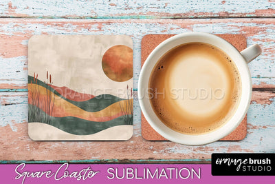 Boho Square Coaster Sublimation - Minimalist Landscape PNG Sublimation OrangeBrushStudio 