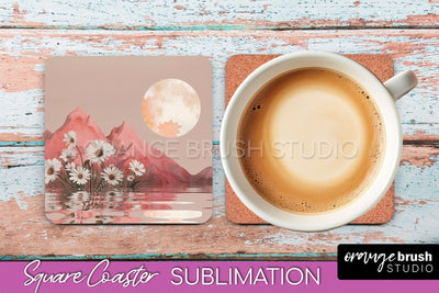 Boho Square Coaster Sublimation - Minimalist Landscape PNG Sublimation OrangeBrushStudio 