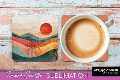 Boho Square Coaster Sublimation - Minimalist Landscape PNG Sublimation OrangeBrushStudio 