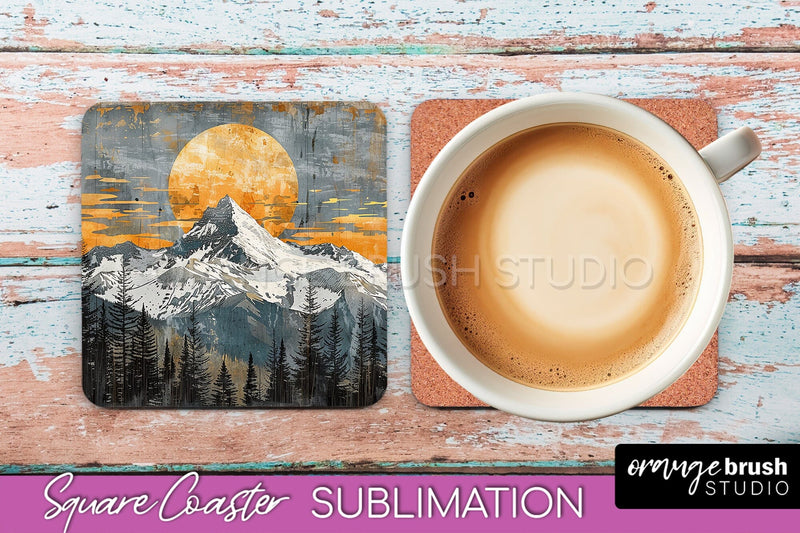 Boho Square Coaster Sublimation - Minimalist Landscape PNG Sublimation OrangeBrushStudio 
