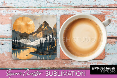 Boho Square Coaster Sublimation - Minimalist Landscape PNG Sublimation OrangeBrushStudio 