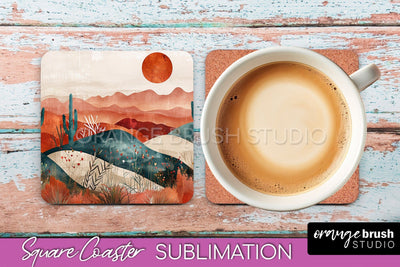 Boho Square Coaster Sublimation - Minimalist Landscape PNG Sublimation OrangeBrushStudio 