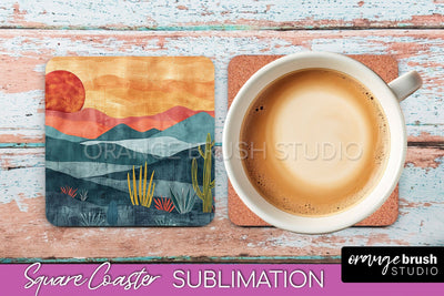 Boho Square Coaster Sublimation - Minimalist Landscape PNG Sublimation OrangeBrushStudio 