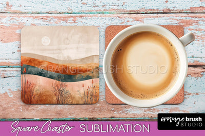 Boho Square Coaster Sublimation - Minimalist Landscape PNG Sublimation OrangeBrushStudio 