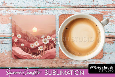 Boho Square Coaster Sublimation - Minimalist Landscape PNG Sublimation OrangeBrushStudio 