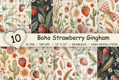 Boho Strawberry Gingham Digital Paper, Seamless Watercolor Fruit Pattern Pack, Printable Scrapbook, Paper Earthy Summer Design Bundle Digital Pattern FloridPrintables 