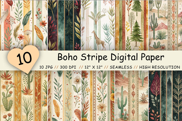 Boho Stripe Digital Paper Pack, Seamless Watercolor Pattern Bundle, Printable Scrapbook Paper, Earthy Terracotta Design Collection Digital Pattern FloridPrintables 