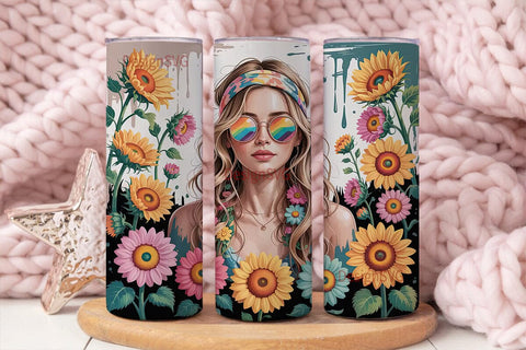 Boho Sunflower Girl 20oz Tumbler Wrap Sublimation DesignSVG 