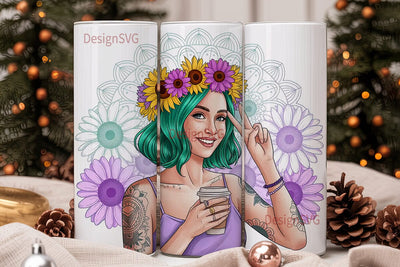Boho Sunflower Girl 20oz Tumbler Wrap Sublimation DesignSVG 