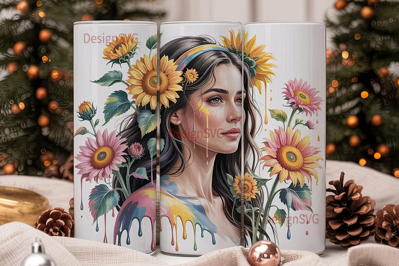 Boho Sunflower Girl 20oz Tumbler Wrap Sublimation DesignSVG 