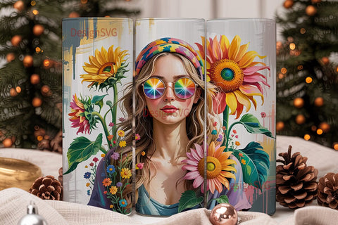 Boho Sunflower Girl 20oz Tumbler Wrap Sublimation DesignSVG 