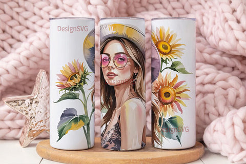 Boho Sunflower Girl 20oz Tumbler Wrap Sublimation DesignSVG 