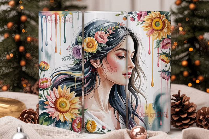 Boho Sunflower Girl 20oz Tumbler Wrap Sublimation DesignSVG 
