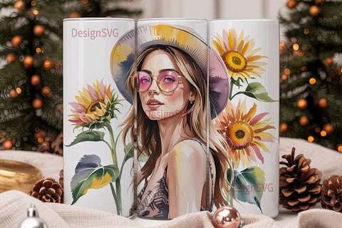 Boho Sunflower Girl 20oz Tumbler Wrap Sublimation DesignSVG 