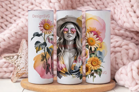 Boho Sunflower Girl 20oz Tumbler Wrap Sublimation DesignSVG 