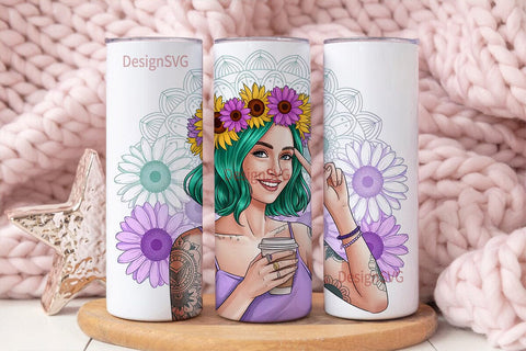 Boho Sunflower Girl 20oz Tumbler Wrap Sublimation DesignSVG 