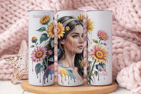 Boho Sunflower Girl 20oz Tumbler Wrap Sublimation DesignSVG 