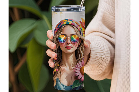 Boho Sunflower Girl 20oz Tumbler Wrap Sublimation DesignSVG 